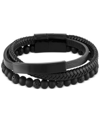 Macy's Brand - Men's Onyx & Lava Bead Triple Row Braided Leather Bracelet in Black Ion-Plated Stainless Steel (Also in Onyx/Sodalite)