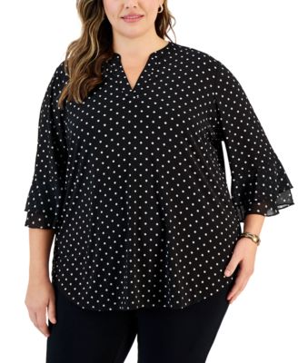 Kasper - Plus Size Dot-Print Flutter-Sleeve Blouse