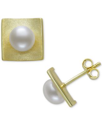 Belle de Mer - Cultured Freshwater Button Pearl (7-8mm) Square Stud Earrings in 14k Gold-Plated Sterling Silver