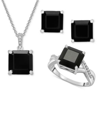 Macy's Brand - 3-Pc. Set Onyx & Diamond Accent Square-Cut Pendant Necklace, Ring and Stud Earrings in Sterling Silver