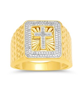 Macy's Brand - Men's Diamond Cross Ring (1/10 ct. t.w.) in 18k Gold-Plated Sterling Silver