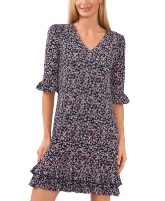 CeCe - Women's Floral-Print Ruffled 3/4-Sleeve Dress