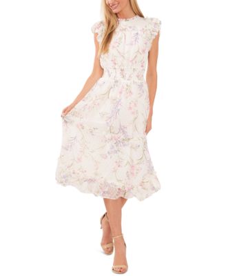 CeCe - Women's Smocked-Waist Flutter-Sleeve Midi Dress