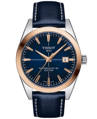 Tissot - Men's Swiss Automatic Gentleman Powermatic 80 Silicium Blue Leather Strap Watch 40mm