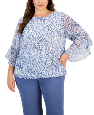 Kasper - Plus Size Animal-Print Ruffled-Sleeve Top