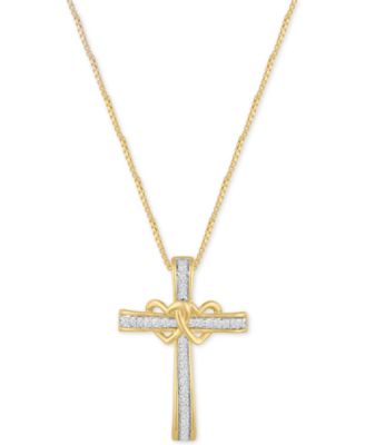 Macy's Brand - Diamond Double Heart Cross Pendant Necklace (1/10 ct. t.w.) in 14k Gold-Plated Sterling Silver