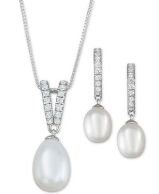 Macy's Brand - Cultured Freshwater Pearl (9 x 10mm & 7 x 9mm) & Cubic Zirconia Jewelry Set in Sterling Silver