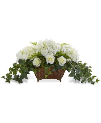 Nearly Natural - Hydrangea & Roses Artificial Arrangement in Metal Planter
