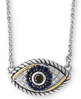 EFFY Collection - Sapphire (1/6 ct. t.w.) & Diamond (1/8 ct. t.w.) Evil Eye 18" Pendant Necklace in Sterling Silver & 18k Gold-Plate