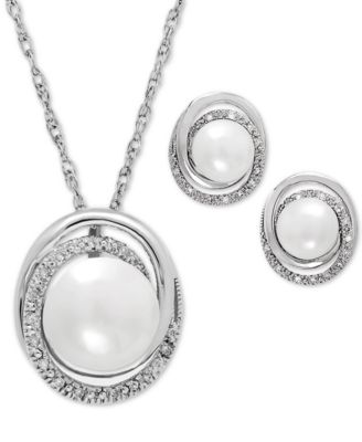 Macy's Brand - Cultured Freshwater Pearl (7 & 8mm) and Diamond Accent Pendant Necklace and Matching Stud Earrings Set in Sterling Silver