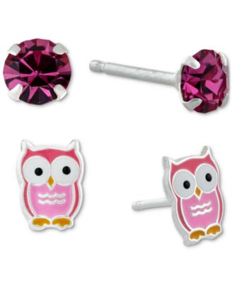 Giani Bernini - 2-Pc. Set Crystal Solitaire & Enamel Owl Stud Earrings in Sterling Silver