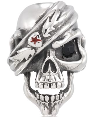 Andrew Charles by Andy Hilfiger - Men's Black Cubic Zirconia & Red Enamel Pirate Skull Ring in Stainless Steel