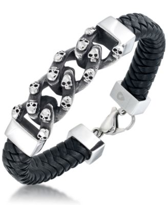 Andrew Charles by Andy Hilfiger - Men's Skull Link Leather Bracelet in Stainless Steel