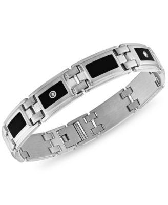 Macy's Brand - Men's Diamond (1/8 ct. t.w.) & Black Enamel Bracelet in Stainless Steel