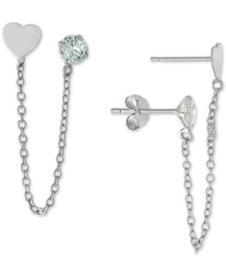 Giani Bernini - Cubic Zirconia Heart Double Pierced Chain Drop Earrings in Sterling Silver