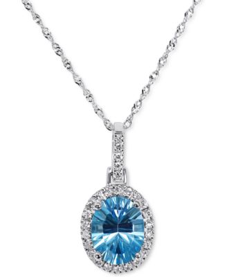 Macy's Brand - Blue Topaz (2-1/5 ct. t.w.) & Diamond (1/6 ct. t.w.) Oval Halo Pendant Necklace in 14k White Gold, 16" + 2" extender