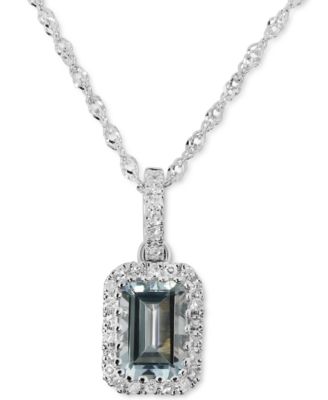 Macy's Brand - Aquamarine (1/2 ct. t.w.) & Diamond (1/10 ct. t.w.) Rectangle Pendant Necklace in 14k White Gold, 16" + 2" extender