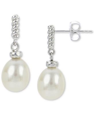 Macy's - Cultured Freshwater Pearl (7 - 8mm) Twist Drop Earrings in Sterling Silver