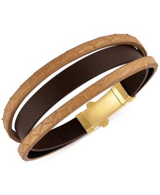 Esquire Men's Jewelry - Two-Tone Triple Strap Leather Layered Bracelet in 18k Gold-Plated Sterling Silver
