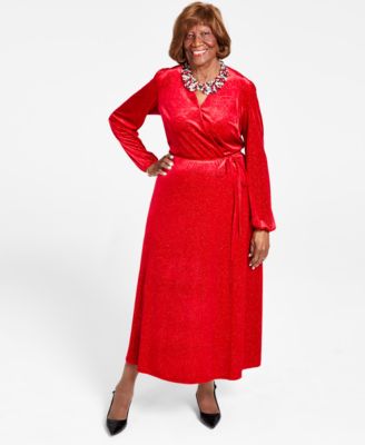 Kasper - Women's Glitter Velvet Faux-Wrap Midi Dress