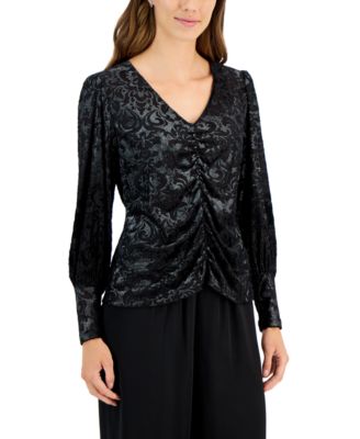 JPR Studio - Women's Burnout Velvet Ruched-Front Top