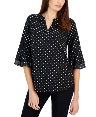 Kasper - Women's Split-Neck Polka-Dot Flutter-Sleeve Top
