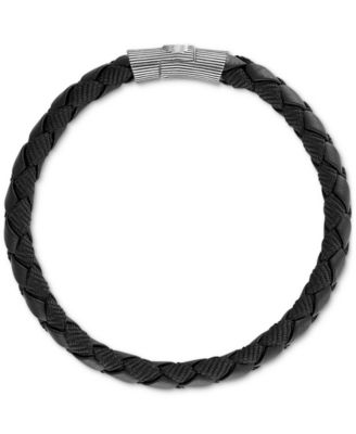 Esquire Men's Jewelry - Black Leather Woven Bracelet in Sterling Silver or 14k Gold-Plated Silver (Also in Brown Leather & Blue Leather)
