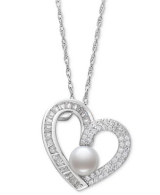 Belle de Mer - Cultured Freshwater Button Pearl (6mm) & Cubic Zirconia Heart 18" Pendant Necklace in Sterling Silver