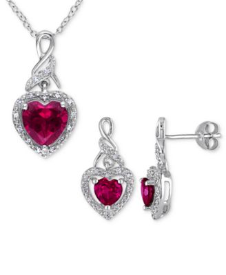 Macy's - 2-Pc.Set Lab-Created Ruby (4 ct. t.w.) & Diamond (1/4 ct. t.w.) Heart Halo Pendant Necklace and Matching Drop Earrings in Sterling Silver