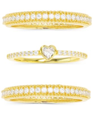 Macy's Brand - 3-Pc. Set Cubic Zirconia Heart Motif Stack Rings in 14k Gold-Plated Sterling Silver