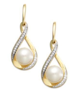 Macy's Brand - Cultured Freshwater Pearl (7mm) and Diamond (1/10 ct. t.w.) Earrings in 14K Gold