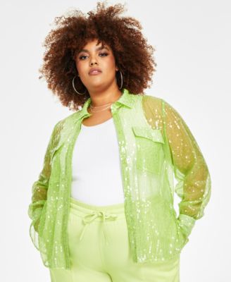 Nina Parker - Trendy Plus Size Sequin Sheer-Sleeve Shirt