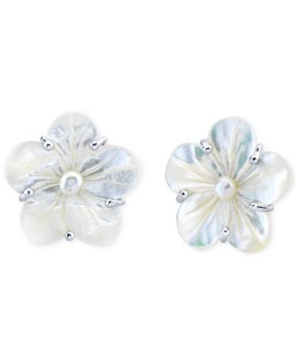 Macy's - White Mother Of Pearl & Cultured Freshwater Pearl (5mm) Flower Stud Earrings in Sterling Silver