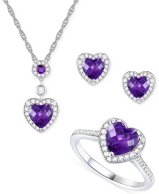 Macy's Brand - 3-Pc. Set Amethyst (3-1/3 ct. t.w.) & Lab-Created White Sapphire (3/4 ct. t.w.) Heart Pendant Necklace, Ring, & Stud Earrings in Sterling Silver (Also in Additional Gemstones)