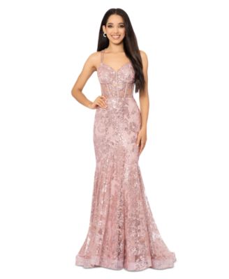 Blondie Nites - Juniors' Sequined Corset-Bodice Gown
