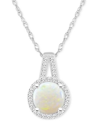Macy's Brand - Opal (3/4 ct. t.w.) & Diamond (1/6 ct. t.w.) Halo 18" Pendant Necklace in Sterling Silver