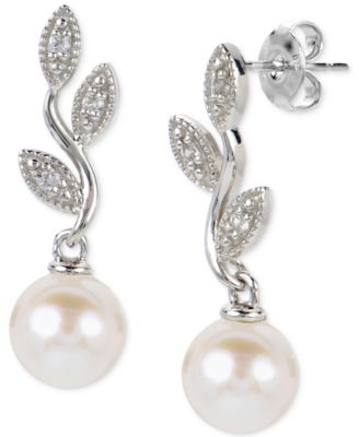 Macy's Brand - Cultured Freshwater Pearl (6-1/2mm) & Lab-Created White Sapphire (1/10 ct. t.w.) Vine Drop Earrings in Sterling Silver