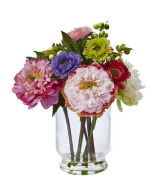Nearly Natural - Peony & Mum in Glass Vase