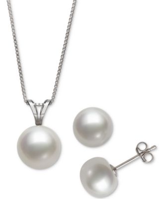 Macy's Brand - 2-Pc. Set White Cultured Freshwater Pearl Pendant Necklace (9mm) & Stud Earrings (8mm) (also in Grey Cultured Freshwater Pearl & Pink Culutred Freshwater Pearl)