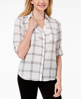 BCX - Juniors' Roll-Tab-Sleeve Windowpane-Print Shirt