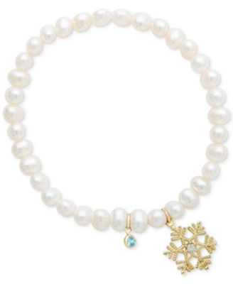 Disney - Children's Cultured Freshwater Pearl (4mm) & Cubic Zirconia Snowflake Charm Stretch Bracelet