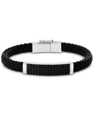 EFFY Collection - Men's Black Spinel Braided Leather Bracelet in Sterling Silver
