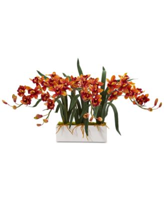 Nearly Natural - Cymbidium Artificial Arrangement in White Vase