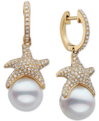EFFY Collection - Cultured Freshwater Pearl (9-1/2mm) & Diamond (3/4 ct. t.w.) Starfish Drop Earrings in 14k Gold