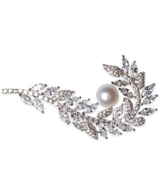 Macy's Brand - Cultured Freshwater Pearl (7mm) & Cubic Zirconia Feather Pin in Sterling Silver