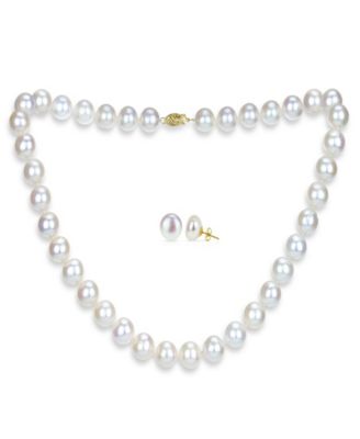 Macy's Brand - White Freshwater Cultured Pearl (11-11.5 mm) Strand Necklace and Stud Earrings Set in 14k Yellow Gold