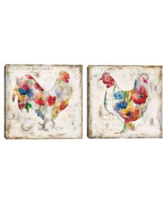 Fine Art Canvas - Flowered Hen & Rooster by Carol Robinson Set of Canvas Art Prints
