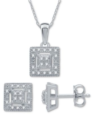 Macy's Brand - 2-Pc. Set Diamond (1/6 ct. t.w.) Square Cluster Pendant Necklace & Matching Stud Earrings in Sterling Silver