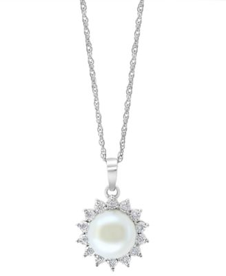 EFFY Collection - Cultured Freshwater Pearl (7 mm) & Diamond (1/20 ct. t.w.) Halo 18" Pendant Necklace in Sterling Silver