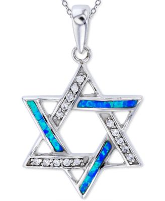 Macy's - Lab-Created Blue Opal & Cubic Zirconia Star of David 18" Pendant Necklace in Sterling Silver